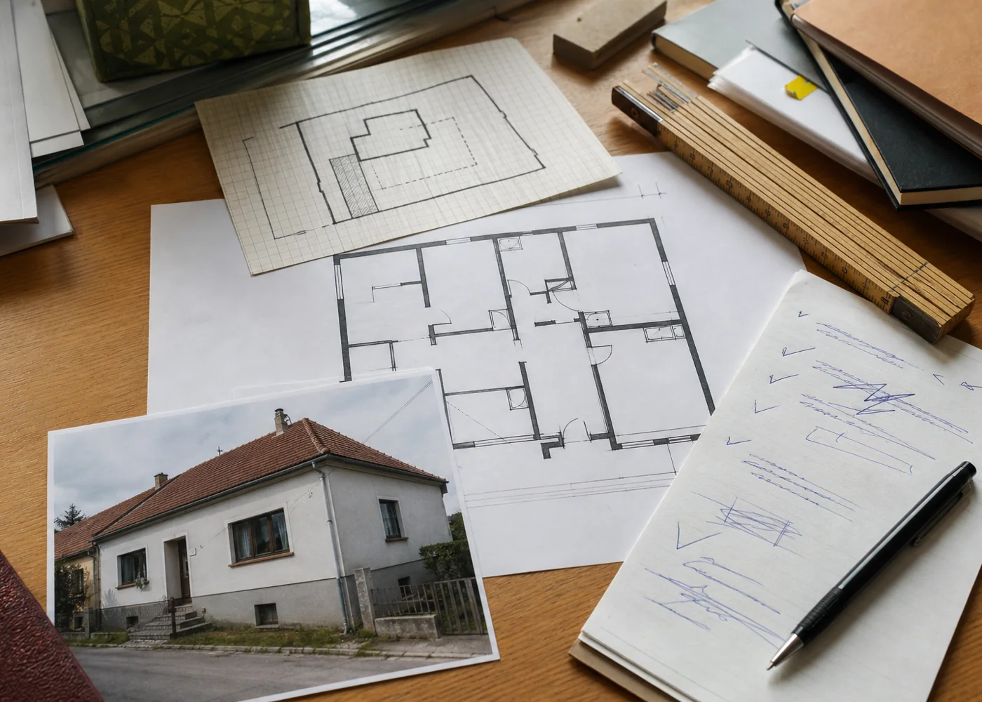 Schematischer Grundriss, Grundstücksskizze und neutrales Fassadenfoto eines Wohnhauses