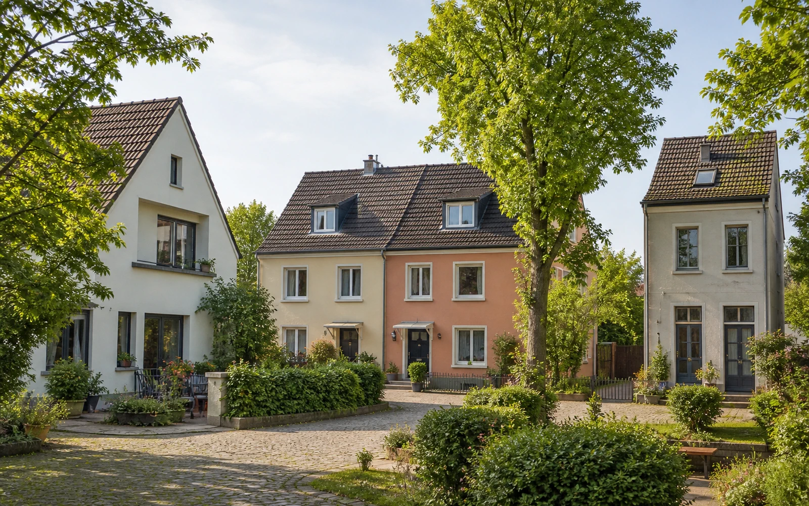 Ruhiger Wohnhof mit freistehendem Haus, Doppelhaus und kompaktem Stadthaus